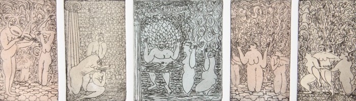 Black Goddess and Attendants, etching, 2006, 26.5"x11"